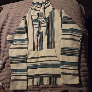 Men's Striped Hooded Sweater in Cream and Blue